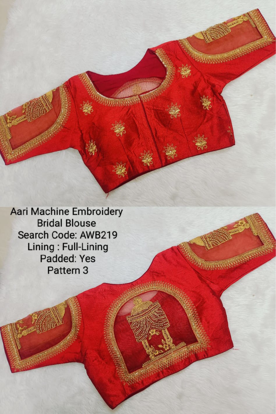 Red Silk Cotton Aari work Machine Embroidery Bridal Blouse - AWB219
