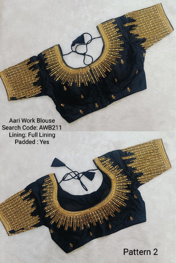 Black Silk Cotton Aari work Round Neck Bridal Blouse - AWB211