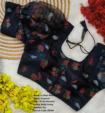 Black Organza Princess Cut Ready to Wear Blouse - OB108