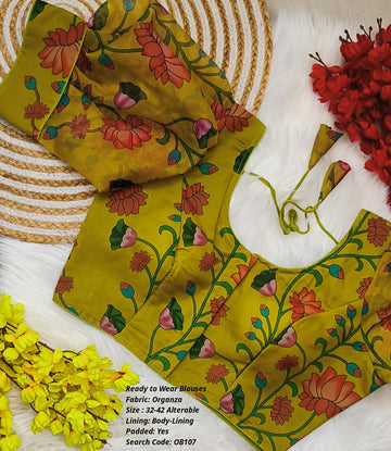 Light Parrot Yellow  Organza Princess Cut Ready to Wear Blouse - OB107