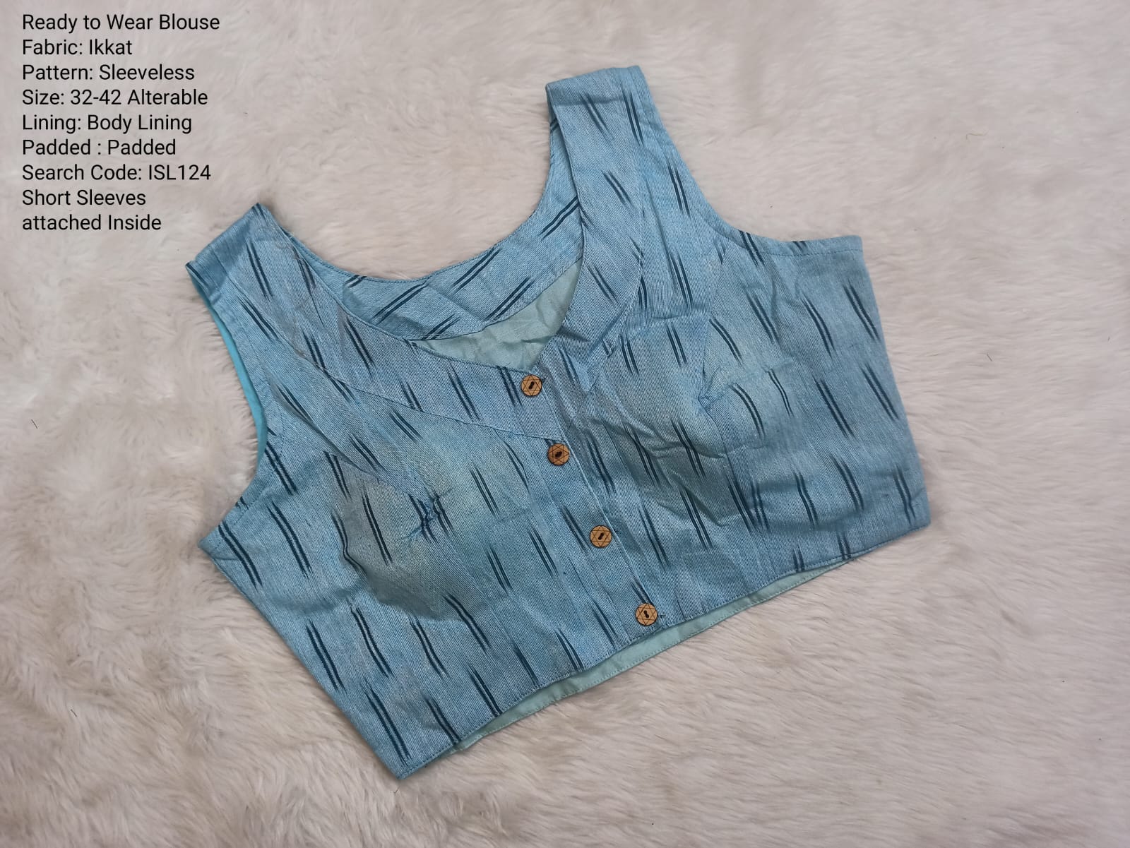 Sky Blue Ikkat High Neck Princess Cut Ready to Wear Blouse - ISL124