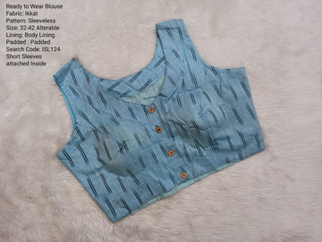 Sky Blue Ikkat High Neck Princess Cut Ready to Wear Blouse - ISL124