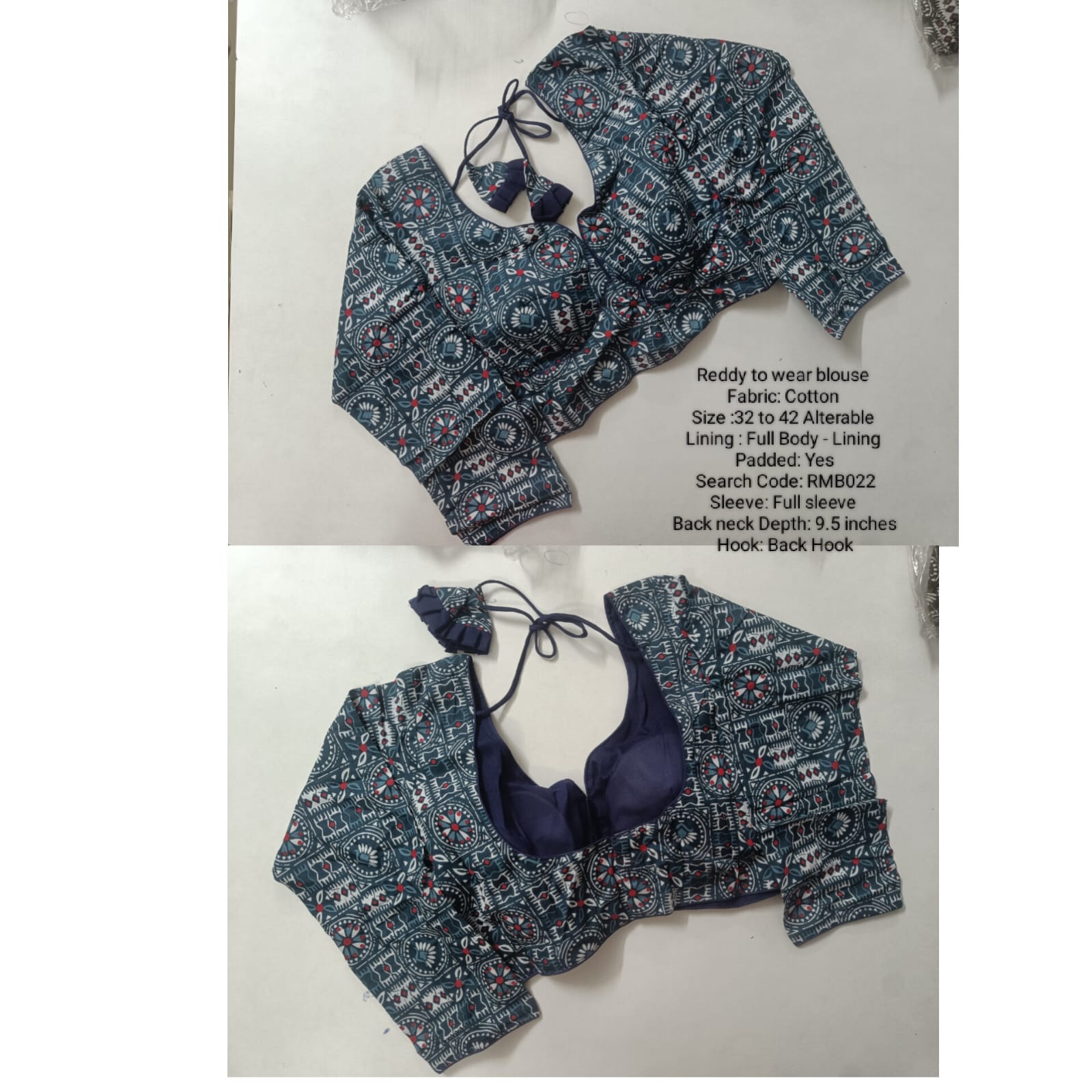 Navy Blue Full Sleeve Princess Cut Ready Made Blouse -RMB022