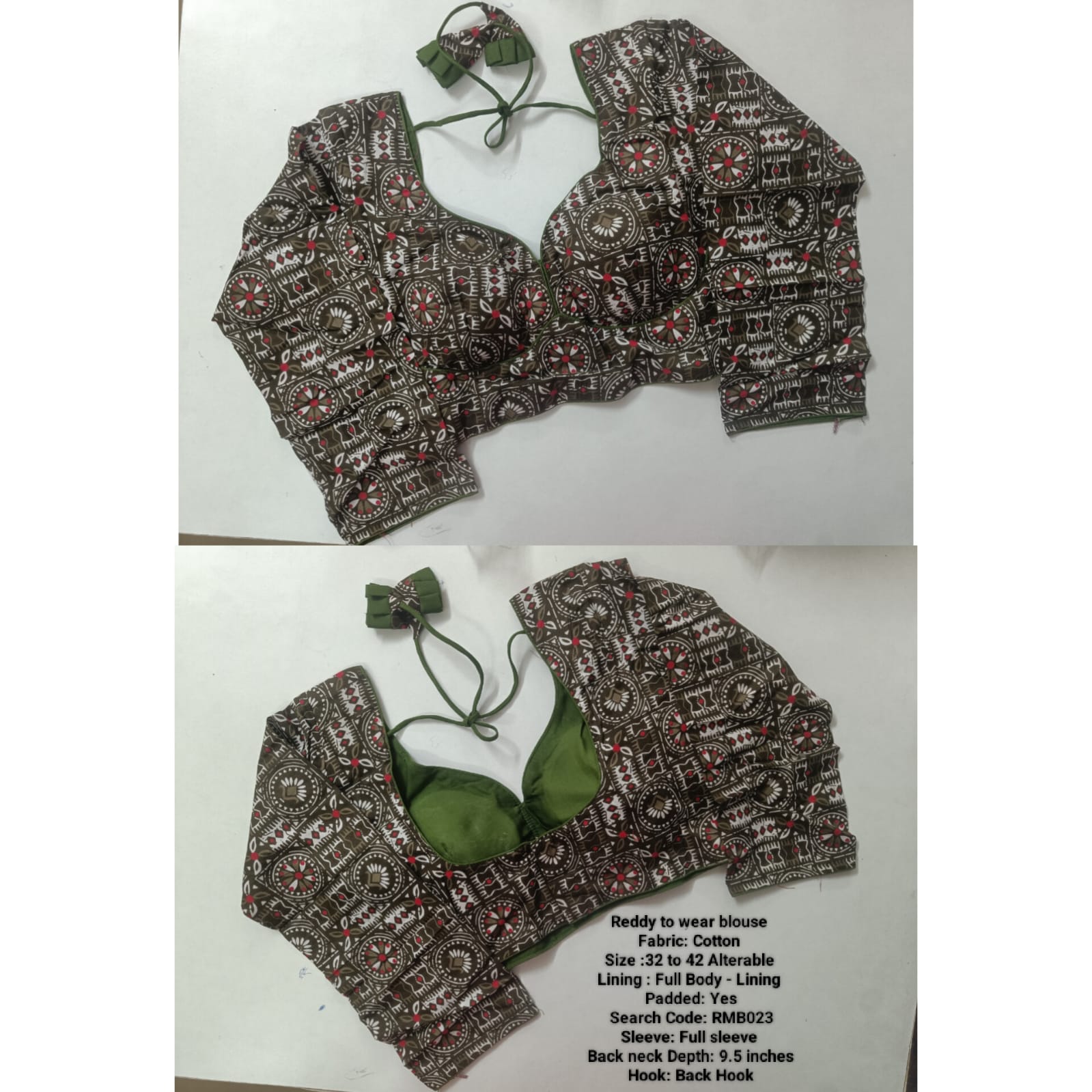 Green Full Sleeve Princess Cut Ready Made Blouse -RMB023
