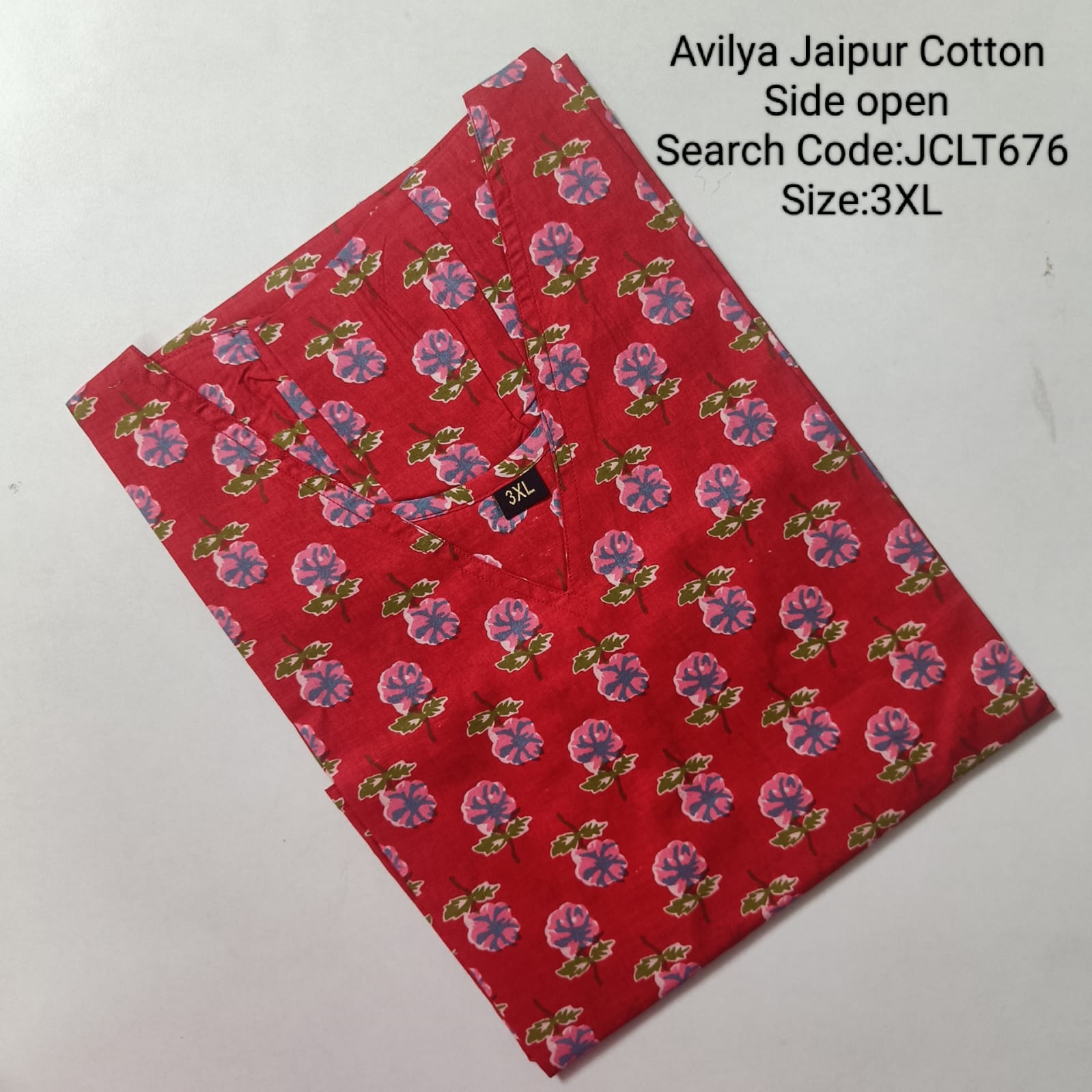Red Jaipur Cotton Side Open Kurti Top Only Collection -JCLT676