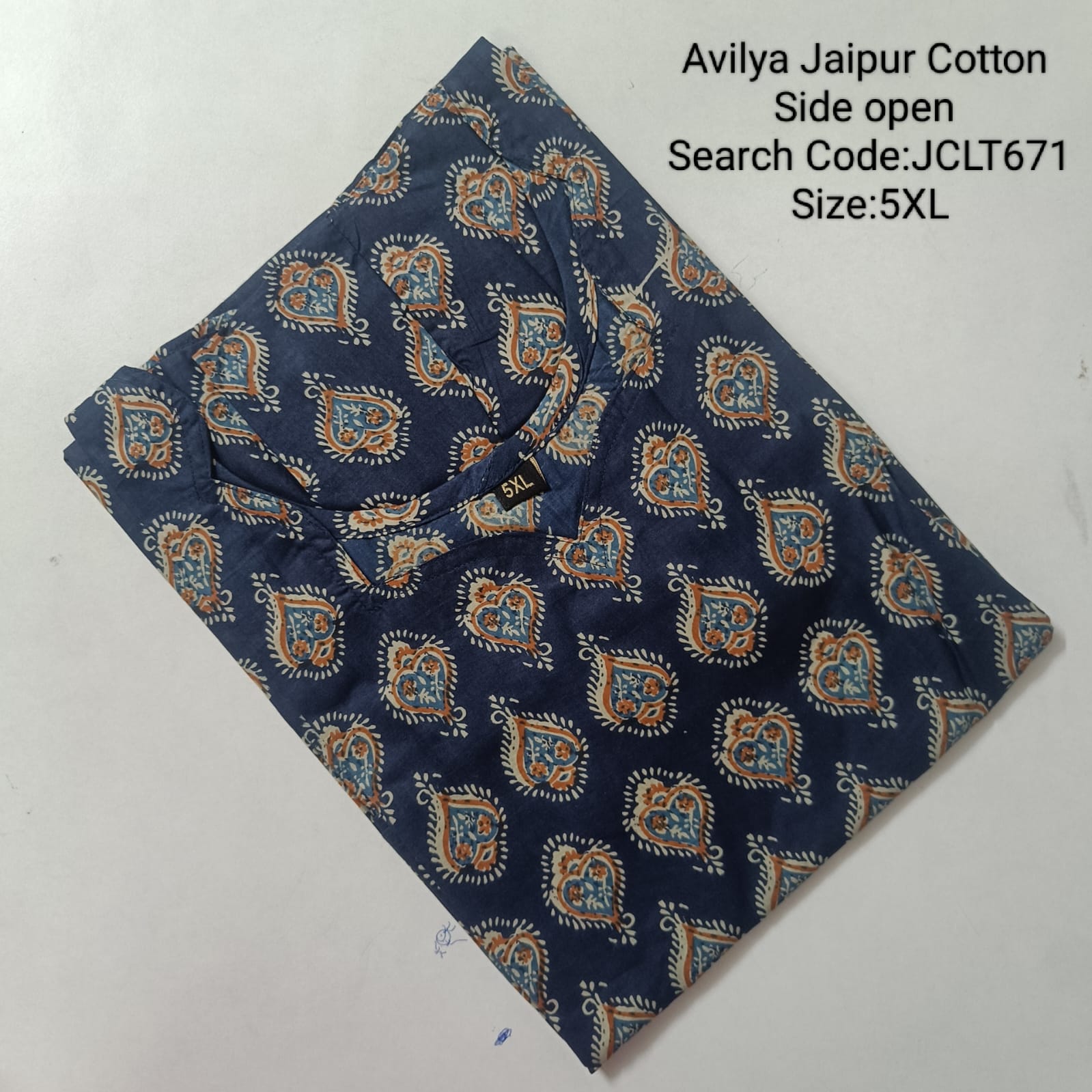 Navy Blue Jaipur Cotton Side Open Kurti Top Only Collection -JCLT671