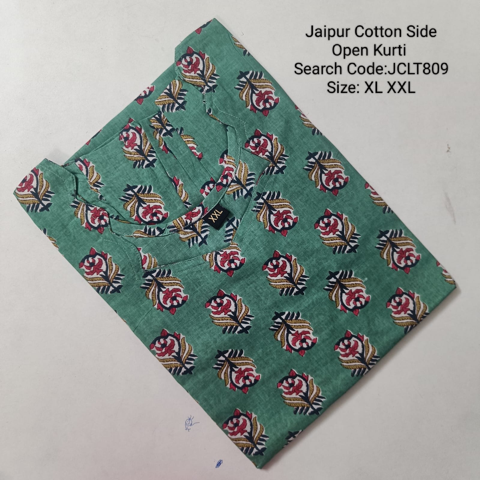 Green Jaipur Cotton Side Open Kurti Top Only Collection -JCLT809