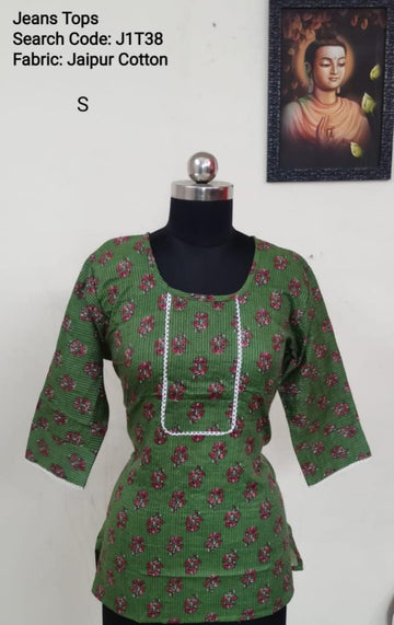 Green Jaipur Cotton Tunics / Peplum Tops -J1T38