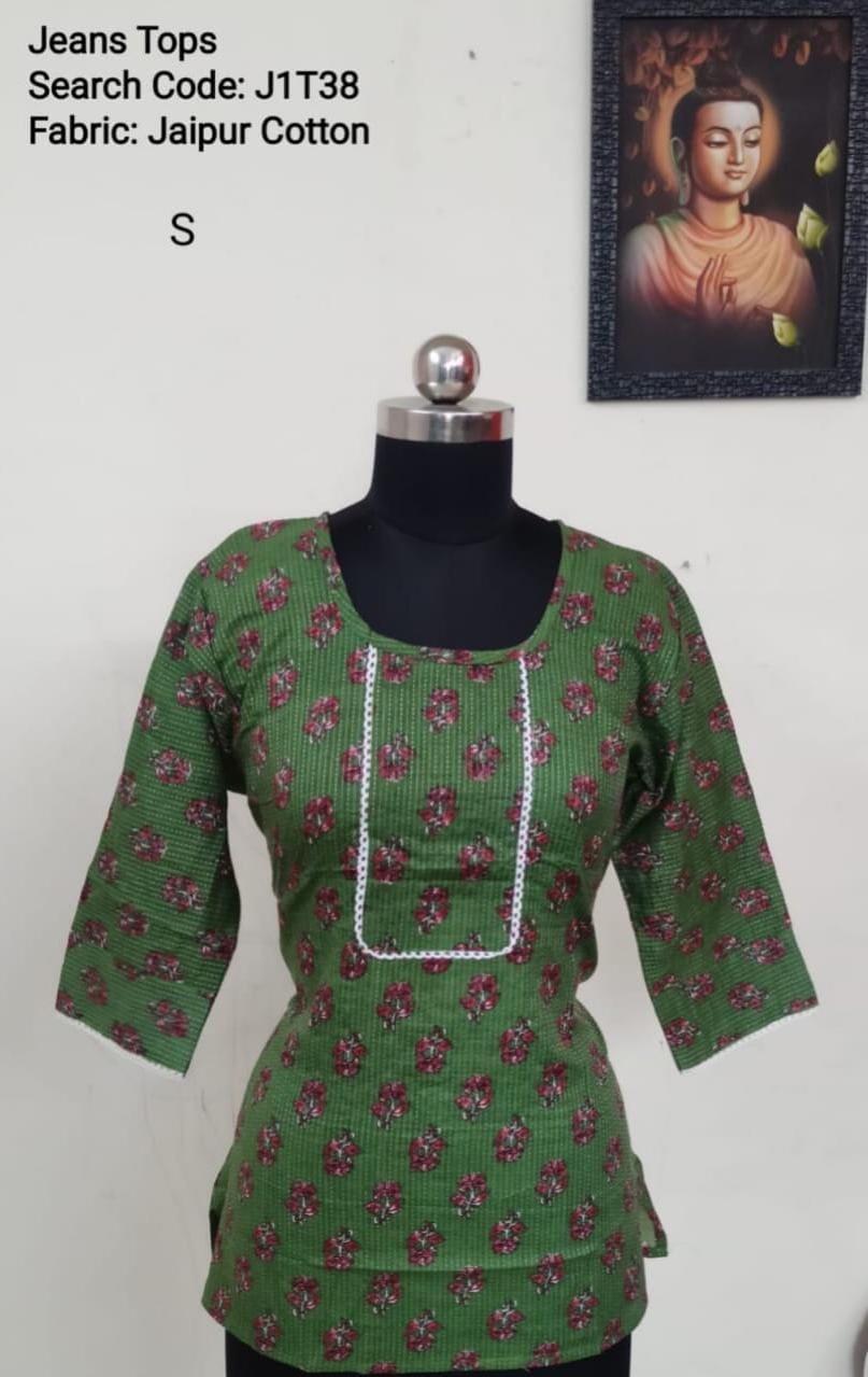 Green Jaipur Cotton Tunics / Peplum Tops -J1T38