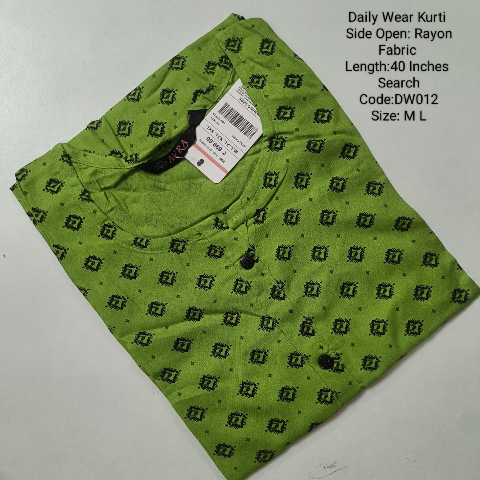 Green Rayon Daily wear Budget Side Open  Kurtis -DW012