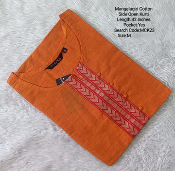 Light Orange Mangalgiri Side Open Kurtis - MCK23