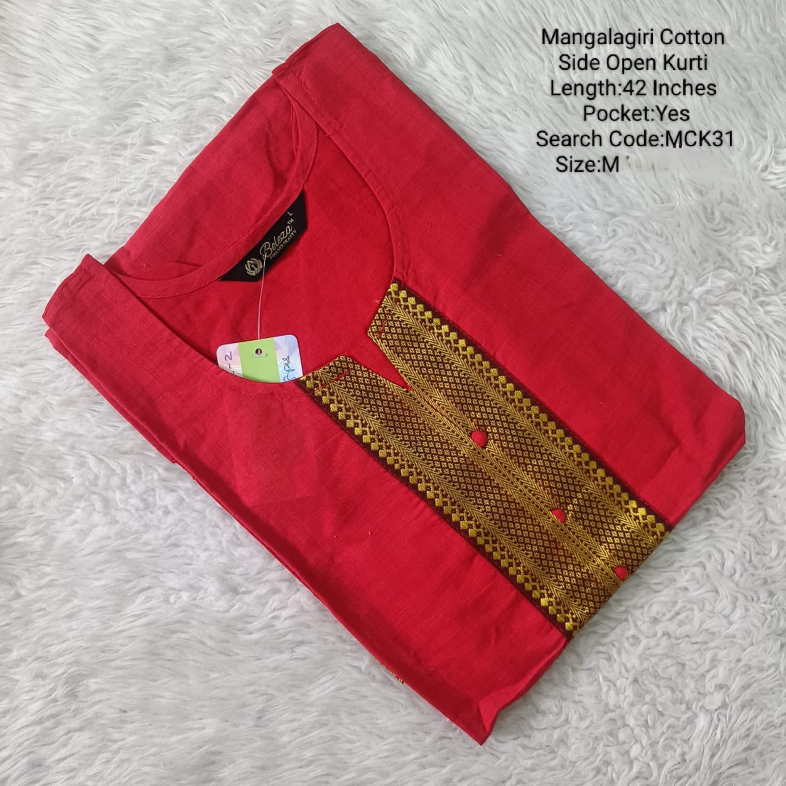 Red Mangalgiri Side Open Kurtis - MCK31