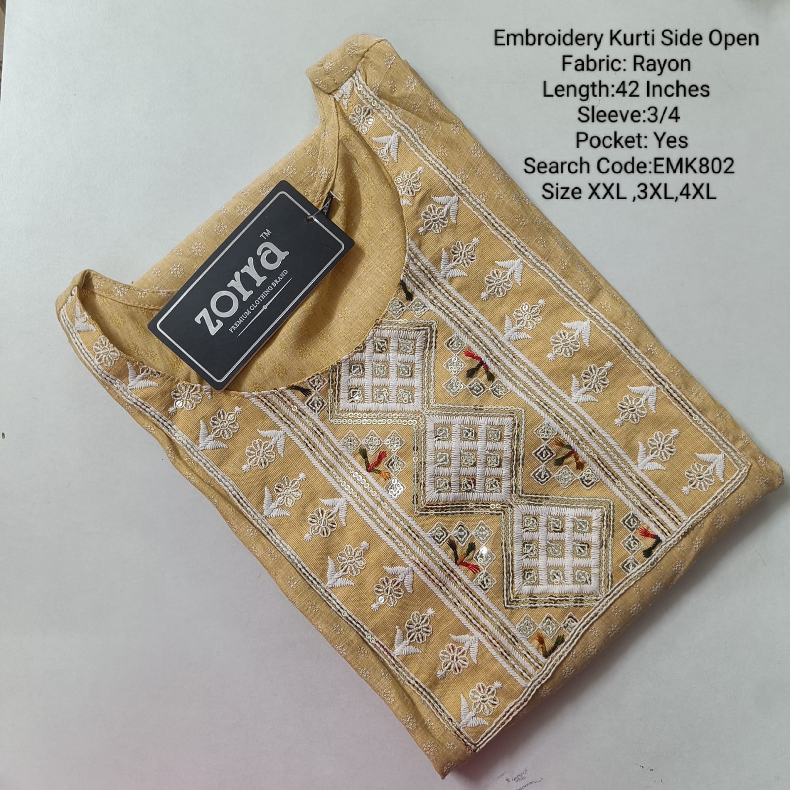Yellow  Embroidery Rayon Side Open Kurtis - EMK802