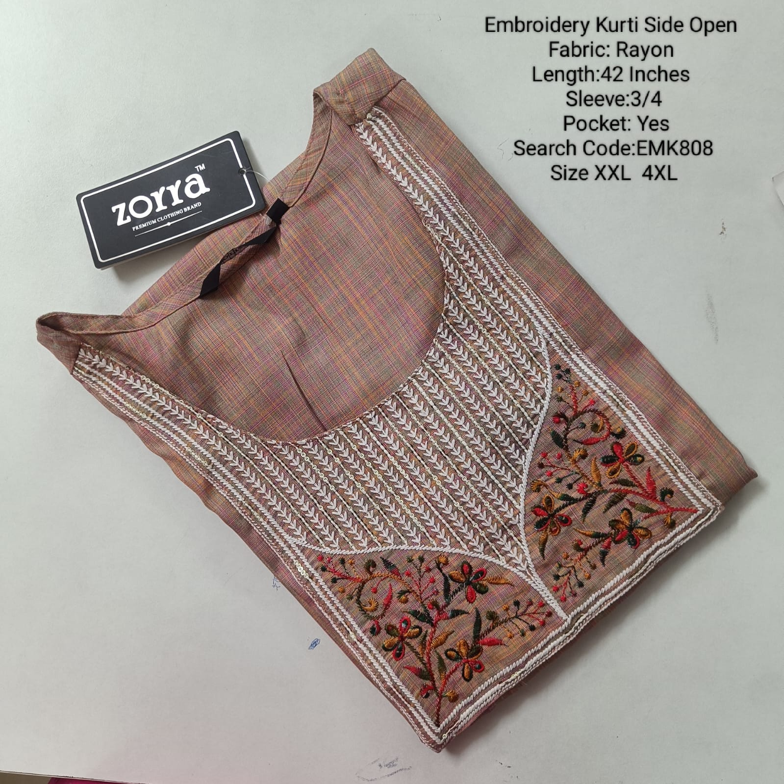 Peach  Embroidery Rayon Side Open Kurtis - EMK808