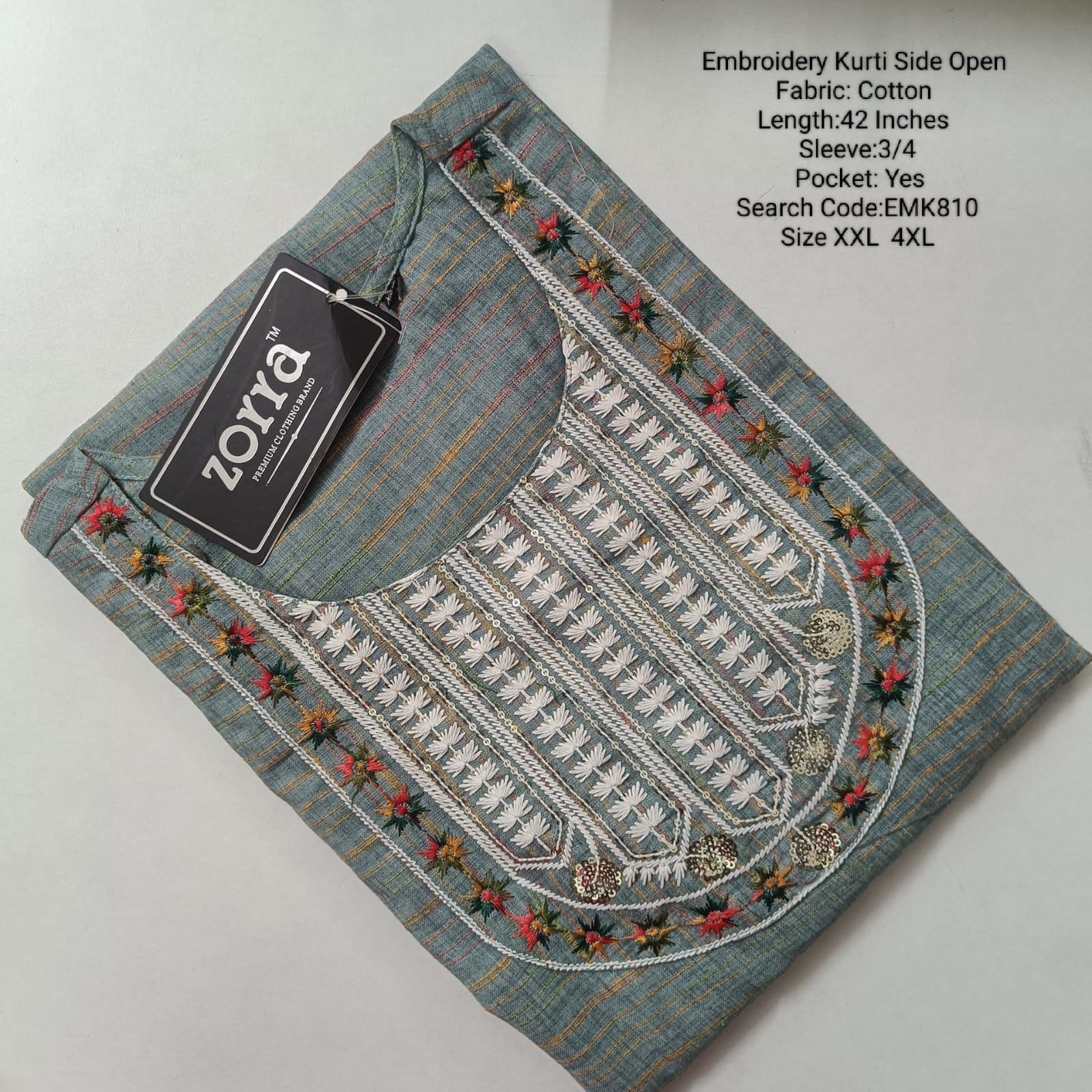Blue Embroidery Cotton Side Open Kurtis - EMK810