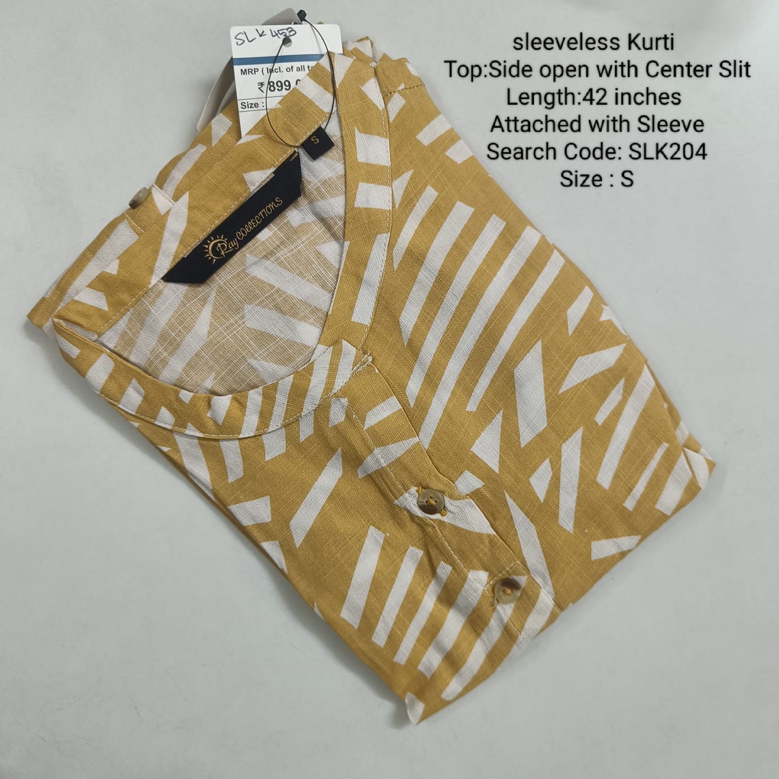 Mustard Rayon Daily wear Budget Sleeveless Side Open  Center Slit Kurtis -SLK204