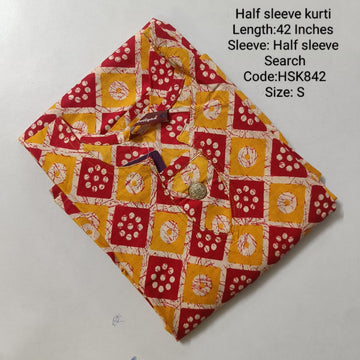 Yellow Cotton Half Sleeve  Side Open Kurtis -HSK842
