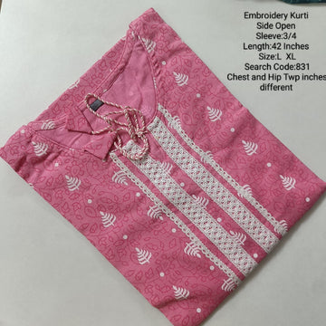 Pink Cotton Daily wear Budget  Side Open Kurtis -831