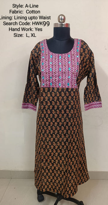 Maroon Cotton Aline Kurti -Chest to Hip Difference 2 Inches - HWK99