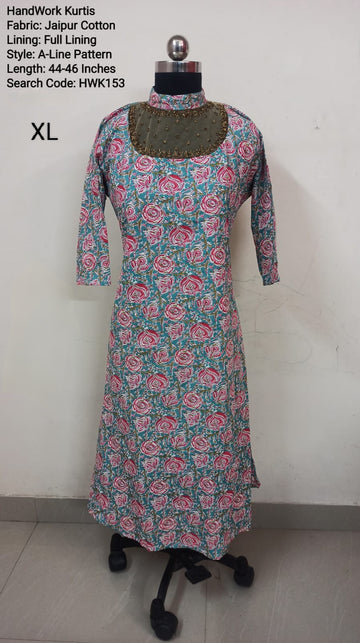 Green Cotton Aline Kurti -Chest to Hip Difference 2 Inches - HWK153