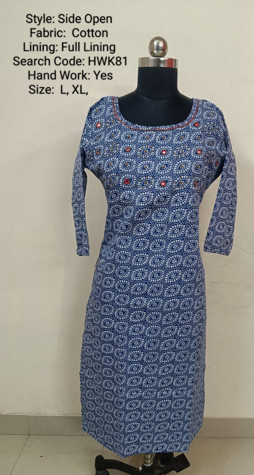 Blue Cotton Side Open Kurti -Chest to Hip Difference 2 Inches - HWK81