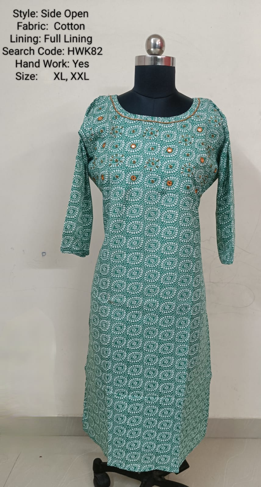 Green Cotton Side Open Kurti -Chest to Hip Difference 2 Inches - HWK82