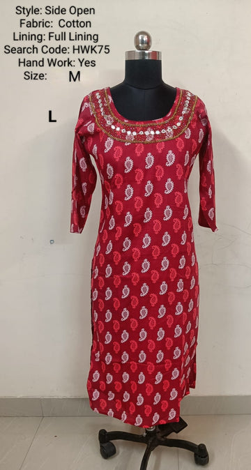 Red Cotton Side Open Kurti -Chest to Hip Difference 2 Inches - HWK75