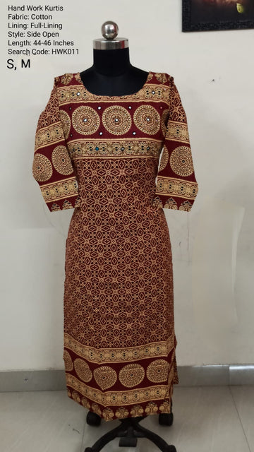 Red Cotton Side Open Kurti -Chest to Hip Difference 2 Inches - HWK011