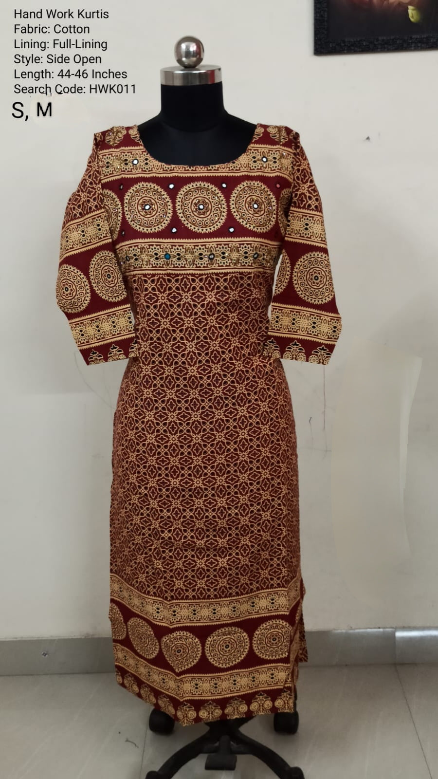Red Cotton Side Open Kurti -Chest to Hip Difference 2 Inches - HWK011