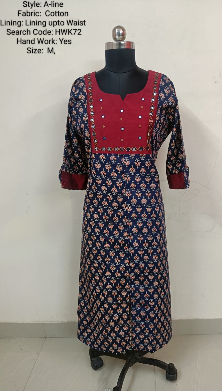 Navy Blue Cotton A-Line Kurti -Chest to Hip Difference 2 Inches - HWK72