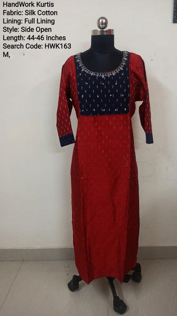 Red Cotton Side Open Kurti -Chest to Hip Difference 2 Inches - HWK163