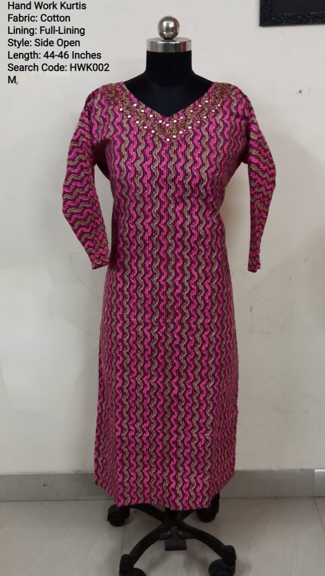 Pink Cotton Side Open Kurti -Chest to Hip Difference 2 Inches - HWK002