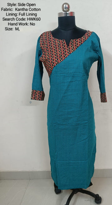 Blue Cotton Side Open Kurti -Chest to Hip Difference 2 Inches - HWK60