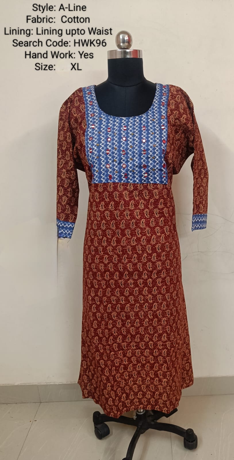 Maroon Cotton A - Line Kurti -Chest to Hip Difference 2 Inches - HWK96