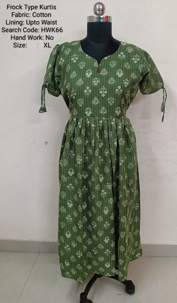 Green Cotton Frock Type Kurti -Chest to Hip Difference 2 Inches - HWK66