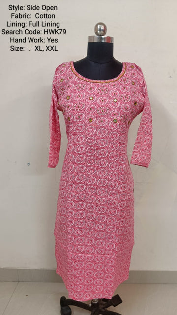 Pink Cotton Side Open Kurti -Chest to Hip Difference 2 Inches - HWK79