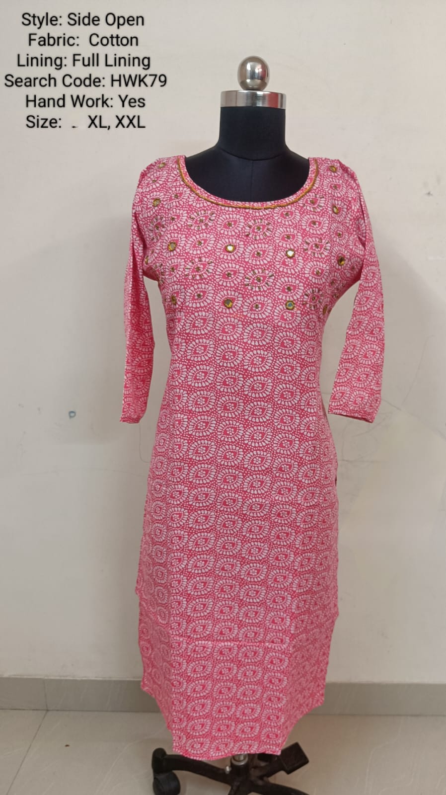 Pink Cotton Side Open Kurti -Chest to Hip Difference 2 Inches - HWK79