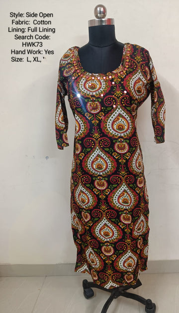 Black Cotton Side Open Kurti -Chest to Hip Difference 2 Inches - HWK73