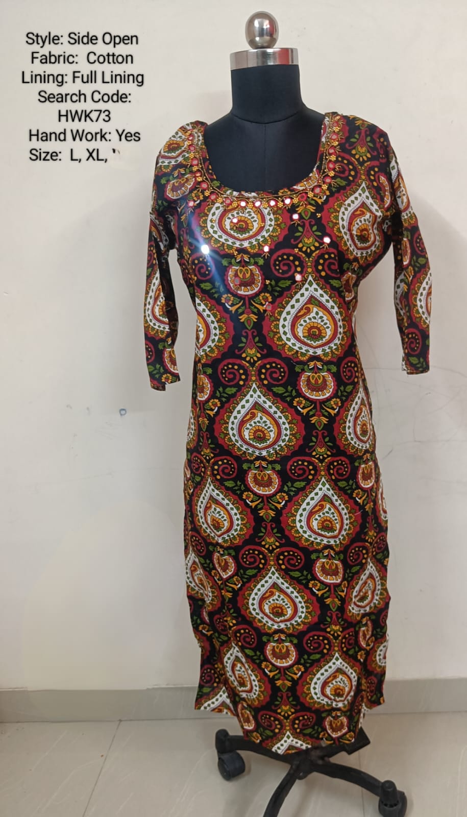 Black Cotton Side Open Kurti -Chest to Hip Difference 2 Inches - HWK73