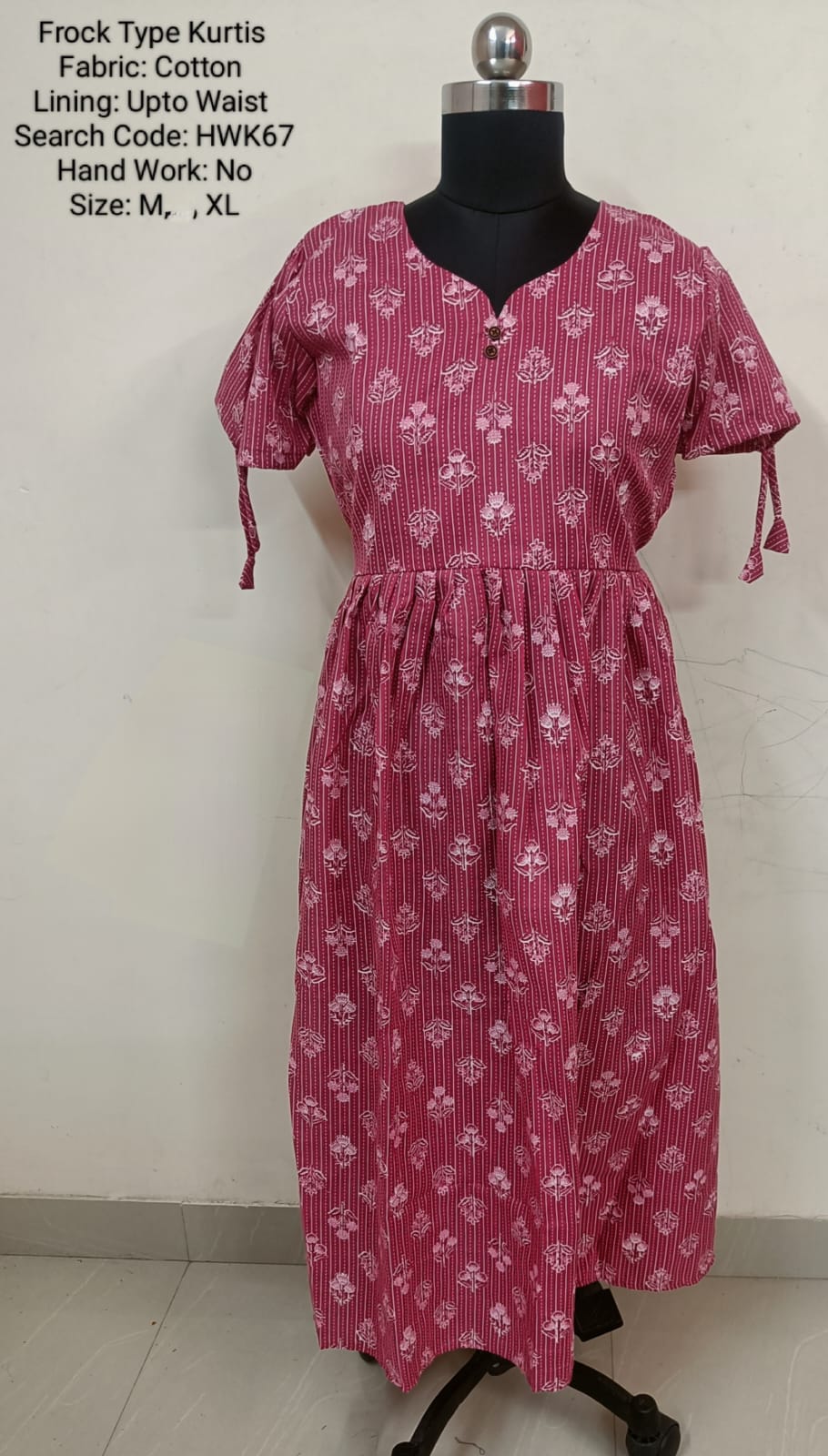 Pink Cotton Frock Type Kurti -Chest to Hip Difference 2 Inches - HWK67