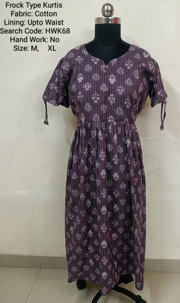 Purple Cotton Frock Type Kurti -Chest to Hip Difference 2 Inches - HWK68