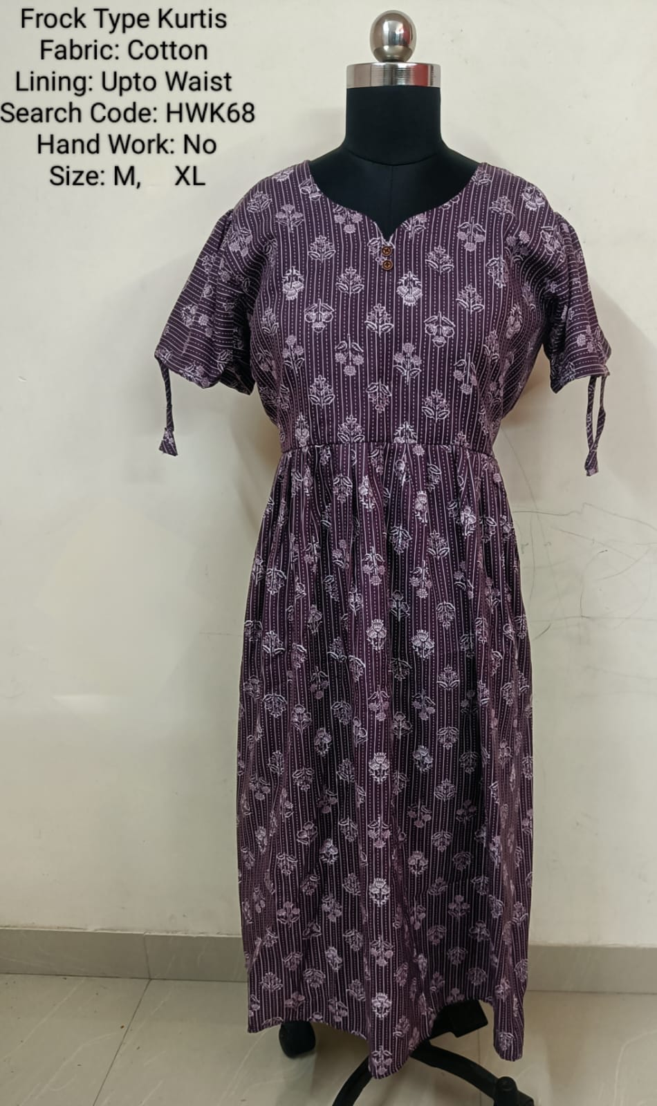 Purple Cotton Frock Type Kurti -Chest to Hip Difference 2 Inches - HWK68