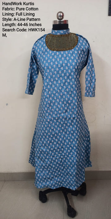 Blue Cotton A-Line Kurti -Chest to Hip Difference 2 Inches - HWK154