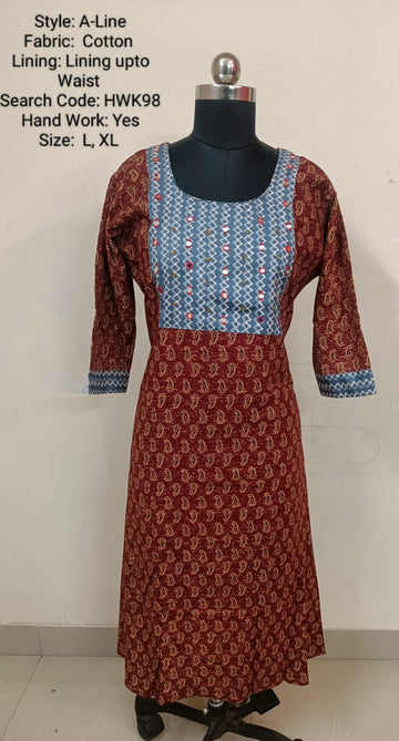 Maroon Cotton A-Line Kurti -Chest to Hip Difference 2 Inches - HWK98
