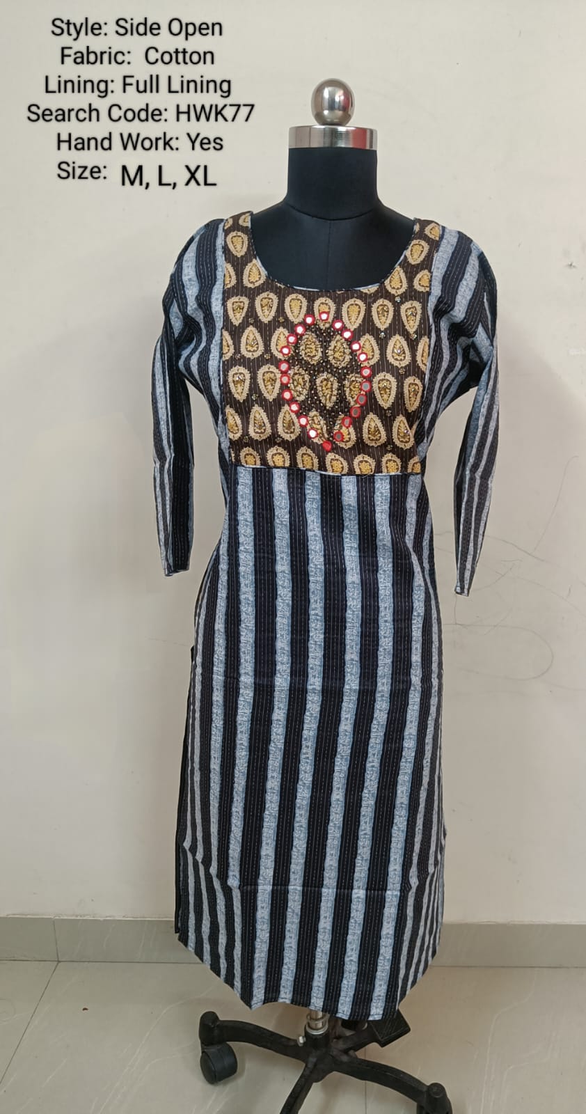 Blue Cotton Side Open Kurti -Chest to Hip Difference 2 Inches - HWK77