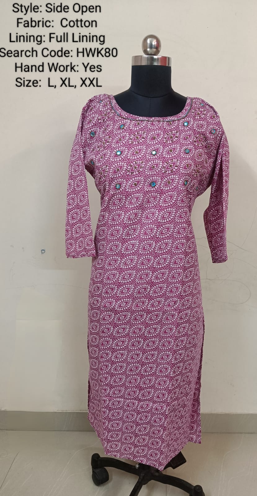 Pink Cotton Side Open Kurti -Chest to Hip Difference 2 Inches - HWK80