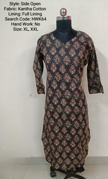 Black Cotton Side Open Kurti -Chest to Hip Difference 2 Inches - HWK64