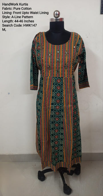 Bottle Green Cotton A-Line  Kurti -Chest to Hip Difference 2 Inches - HWK147