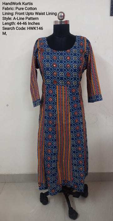 Navy Blue Cotton A-Line  Kurti -Chest to Hip Difference 2 Inches - HWK146