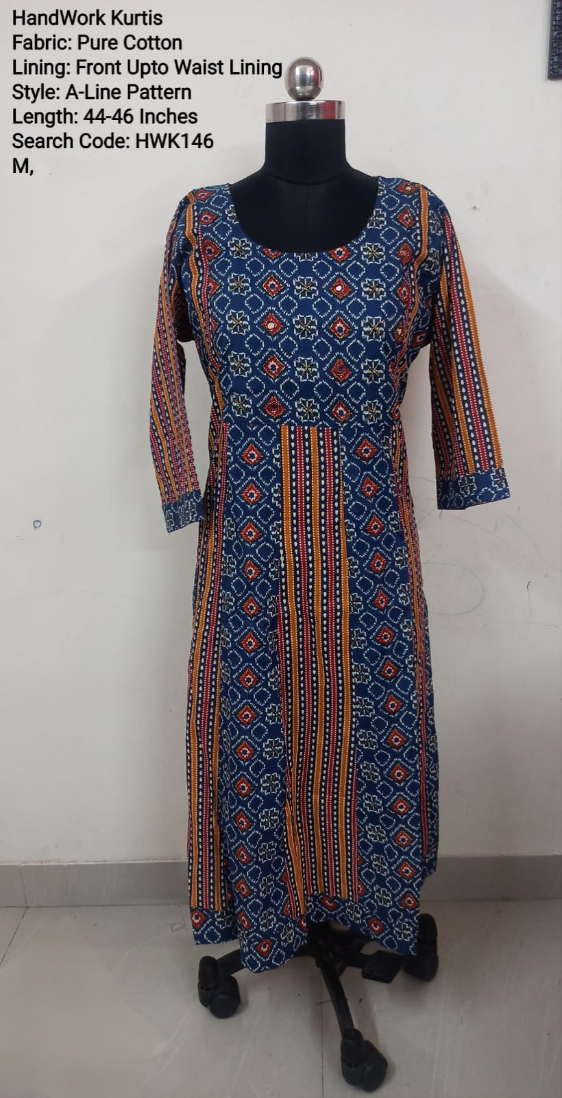 Navy Blue Cotton A-Line  Kurti -Chest to Hip Difference 2 Inches - HWK146